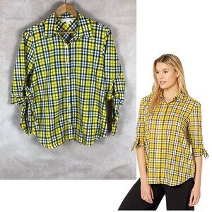 MICHAEL KORS Plaid Tie-Sleeve Button-Down Shirt Petite Medium